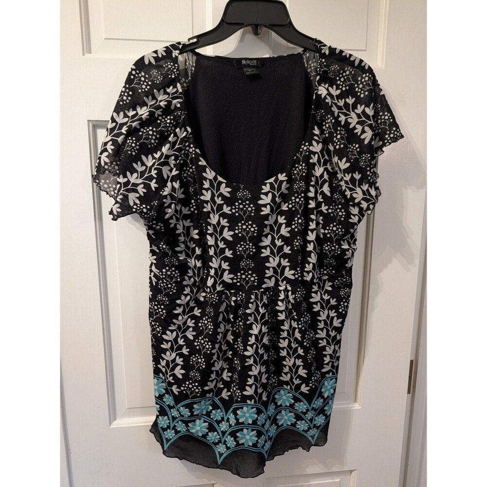 Style & Co Floral Top Womens 1X Black White Turquoise Border Short Sleeve